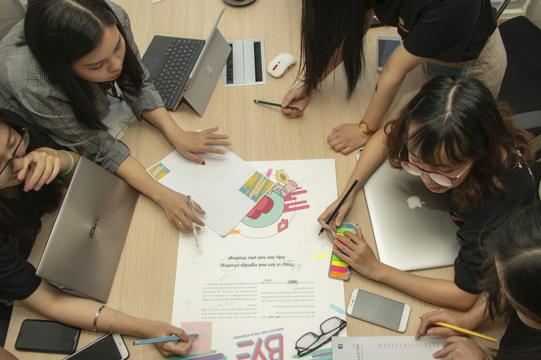 Creative team collaborating around a shared worktable
